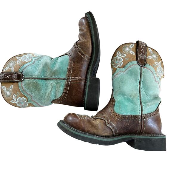 Justin's Turquoise Green & Brown Embroidered Flower "Gypsy" Cowboy Boots - Picture 3 of 9